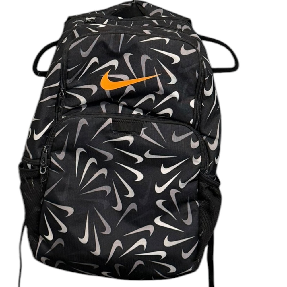 Nike Brasilia Backpack Black All Over Swoosh Print Orange Logo School Bag XL